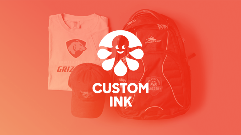 Custom Ink logo placed over image of T-shirt, bag, and hat.