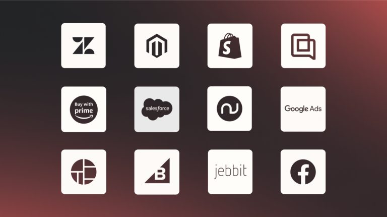 A grid of integration partner logos, including Amazon Prime, Salesforce, GoogleAds, Facebook, Nosto, Jebbit, and Shopify.